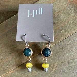 J. Jill Beaded Drop Hoop Earrings Green Stone Yellow Accent